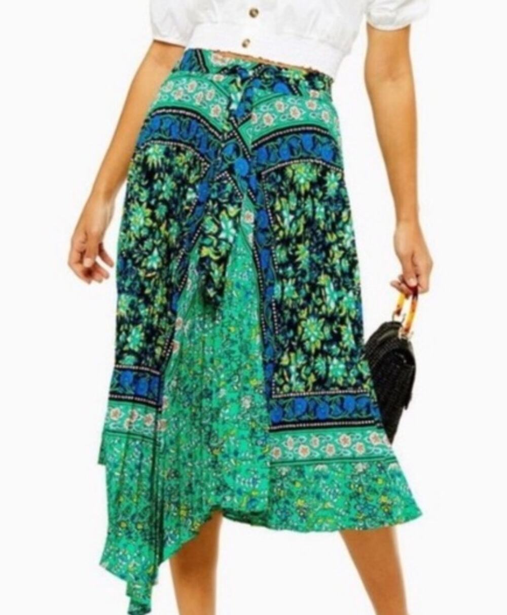 Topshop Green Floral Pleated Asymmetrical Midi Skirt Tie Waist Boho UK 12 US 8
